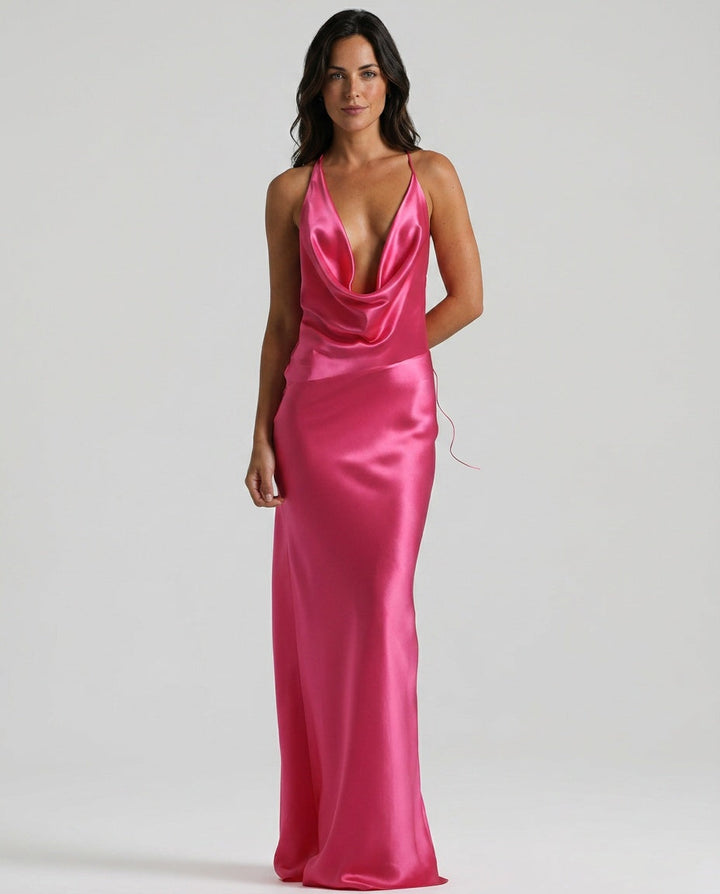 Rosine | Satin-Look Tie-Up Collar Maxi Dress