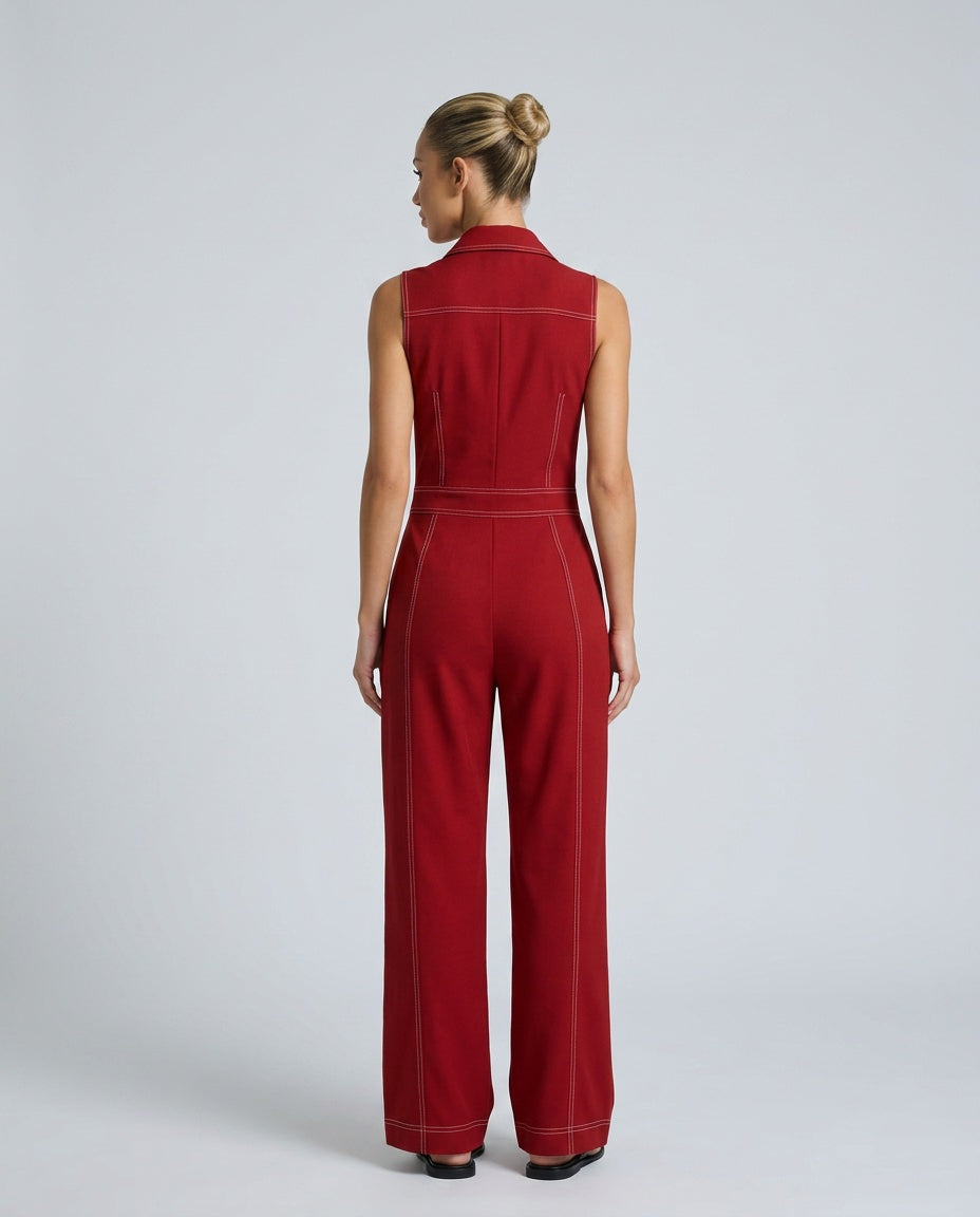 Evie | Loose-Fit White Trim Sleeveless Jumpsuit