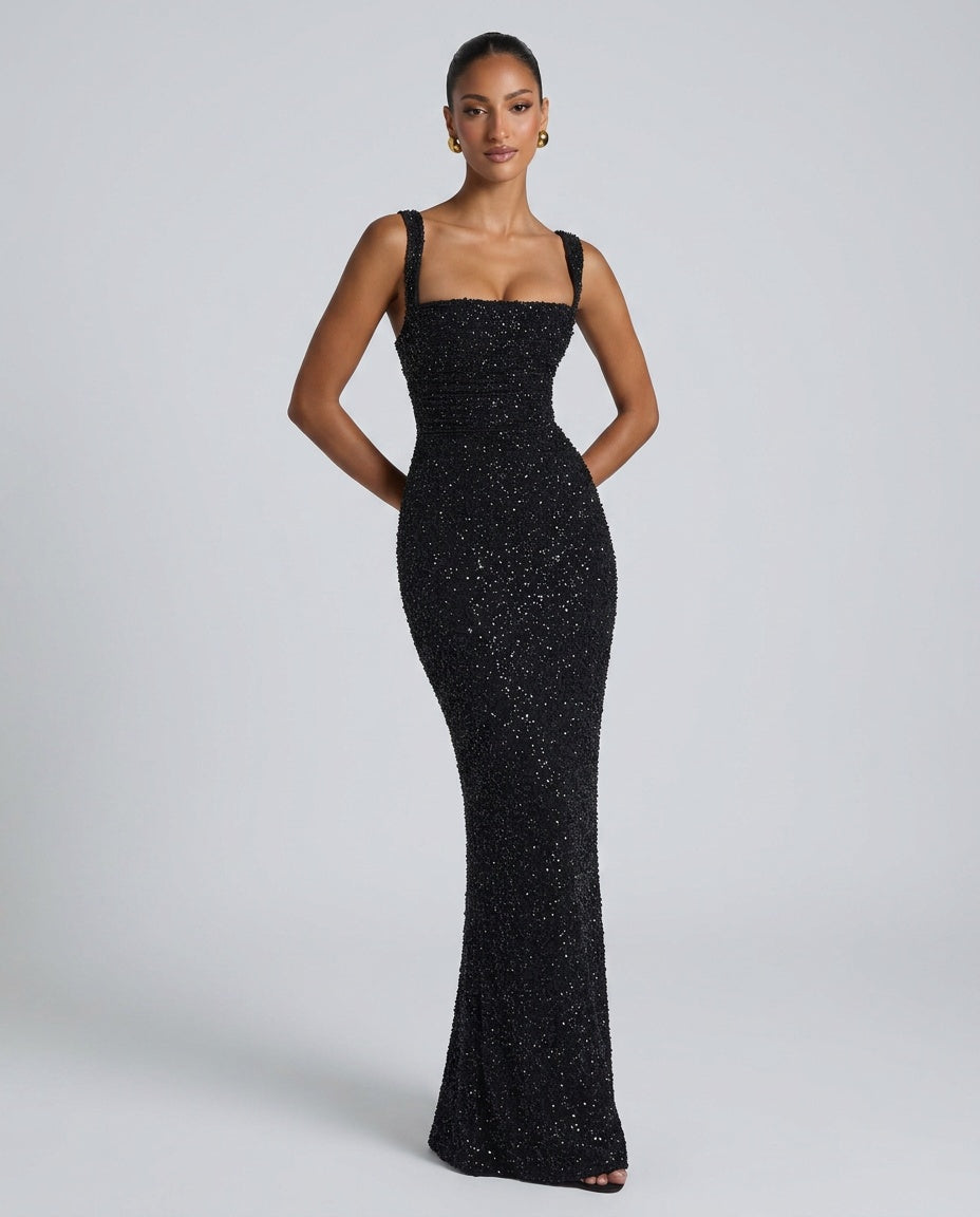 Sabine | Sequin Tie-Up Square Neck Maxi Dress