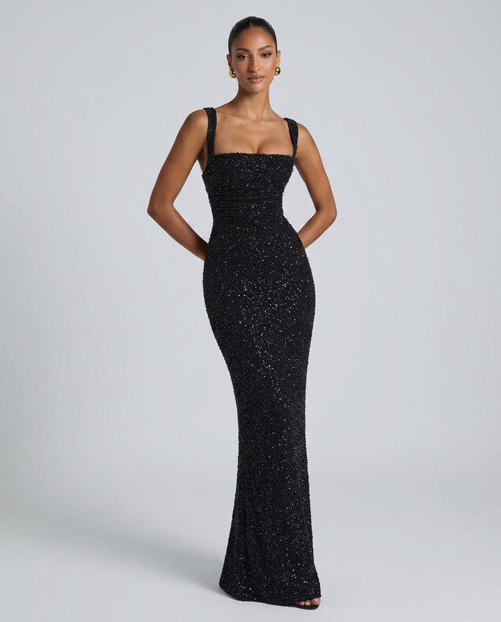 Sabine | Sequin Tie-Up Square Neck Maxi Dress