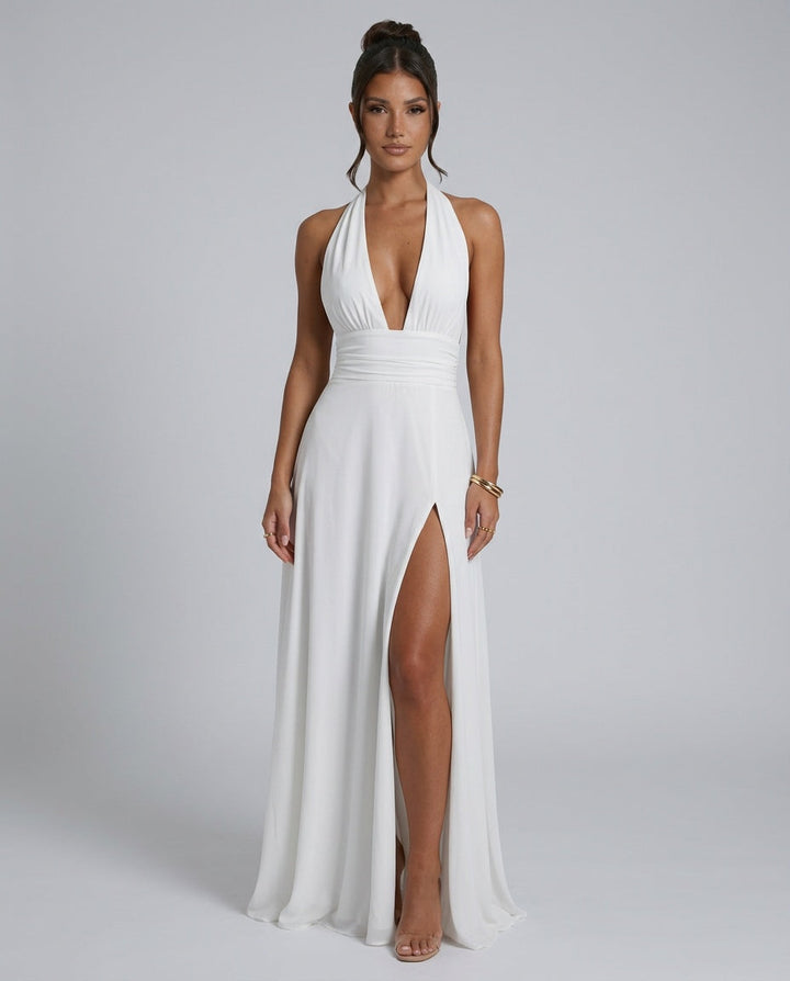 Serène | Halter Neck Leg Slit Wedding Guest Maxi Dress