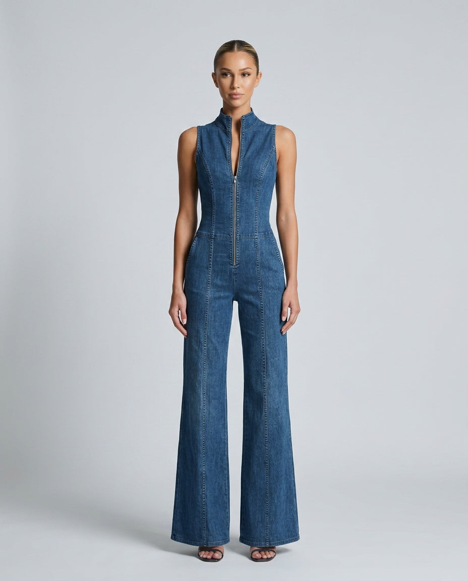 Demi | Sleeveless High-Neck Flared Denim Jumpsuit