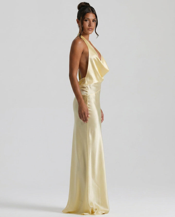 Rosine | Satin-Look Tie-Up Collar Maxi Dress