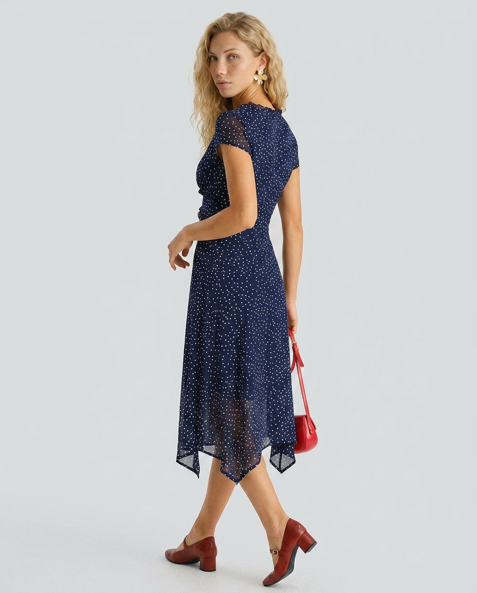 Mabel | Navy Polka Dot Cap Sleeve Midi Dress