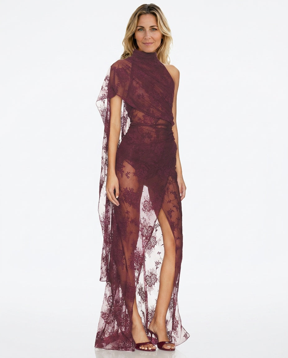 Amara | Lace See-Through Asymmetric Sleeve Maxi Dress