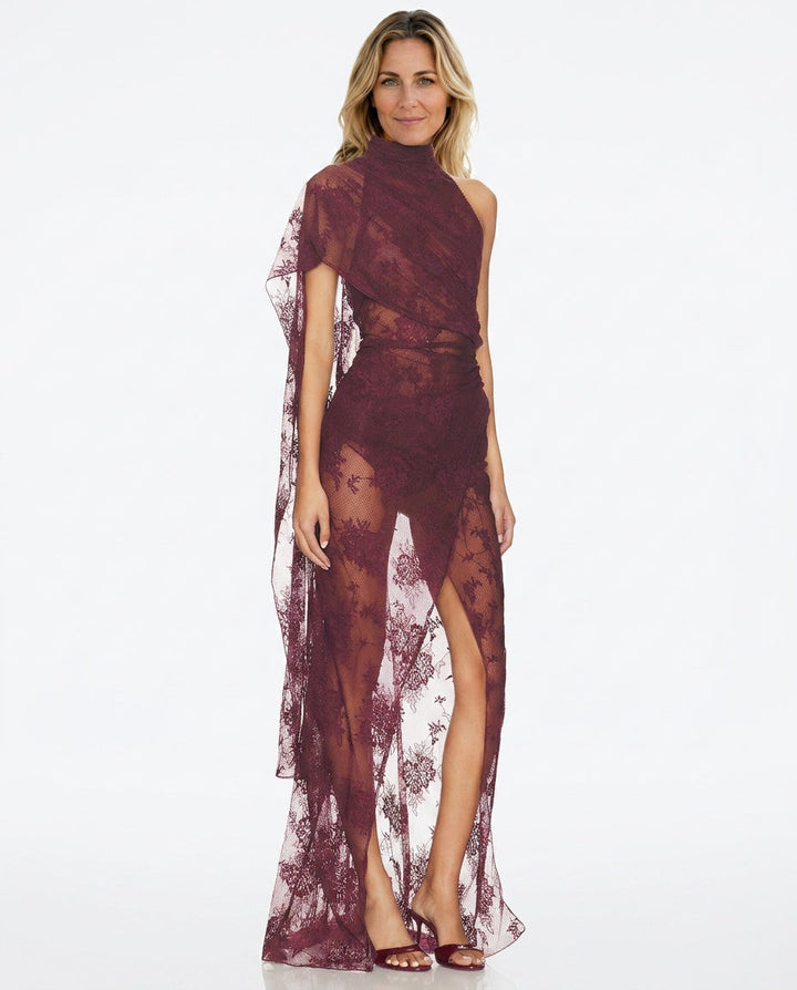 Amara | Lace See-Through Asymmetric Sleeve Maxi Dress
