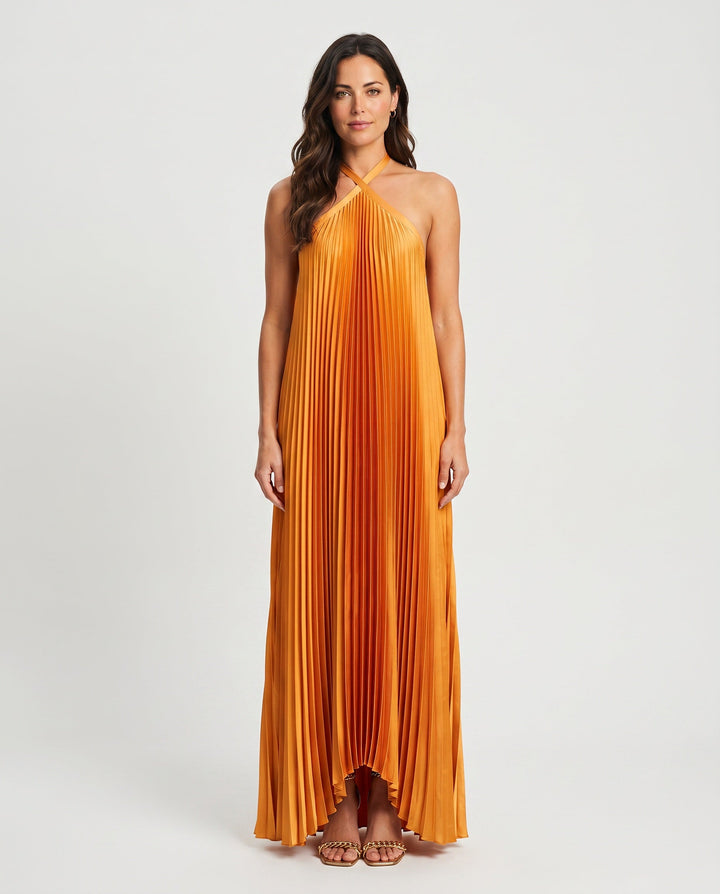 Greta | Open Back Halter Pleated Maxi Dress