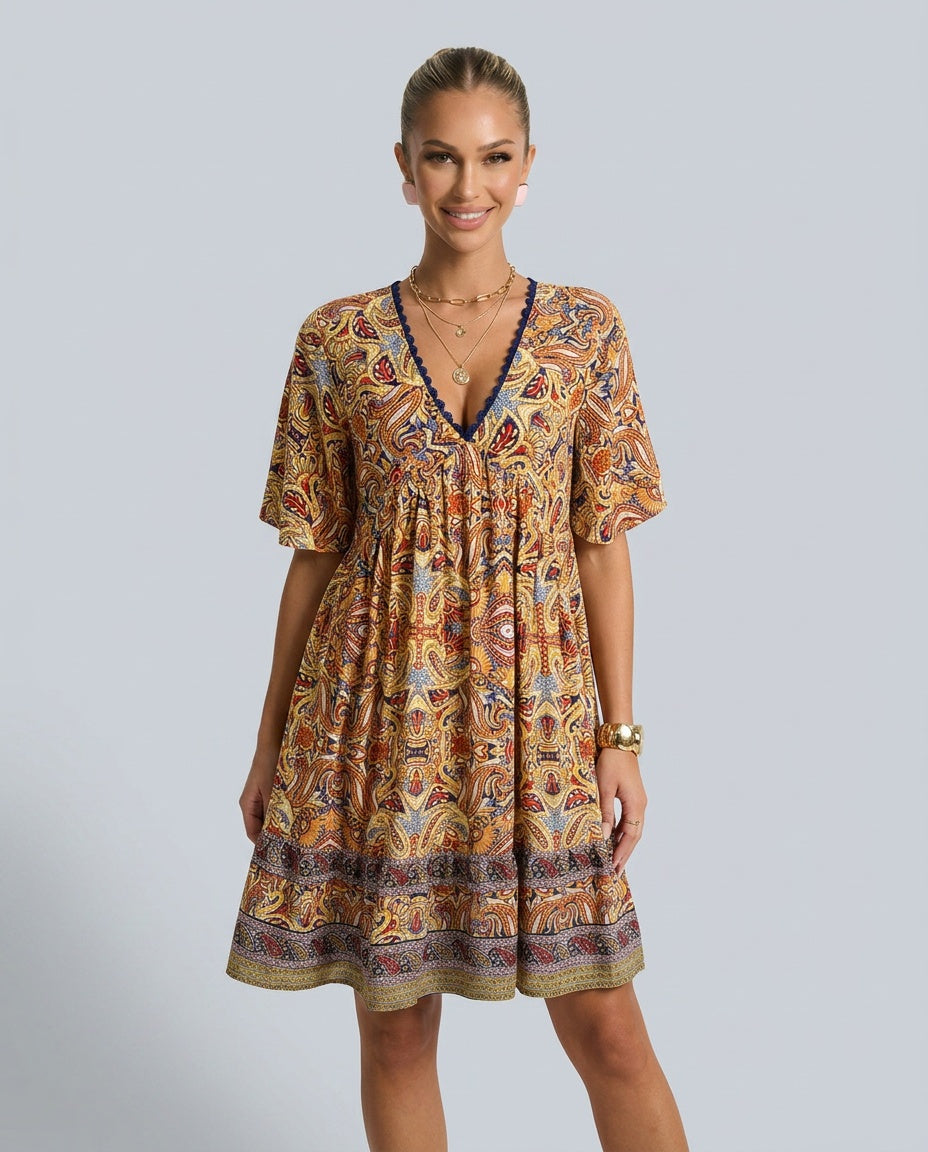 Giselle | V-Neck Flared Sleeve Paisley Mini Dress