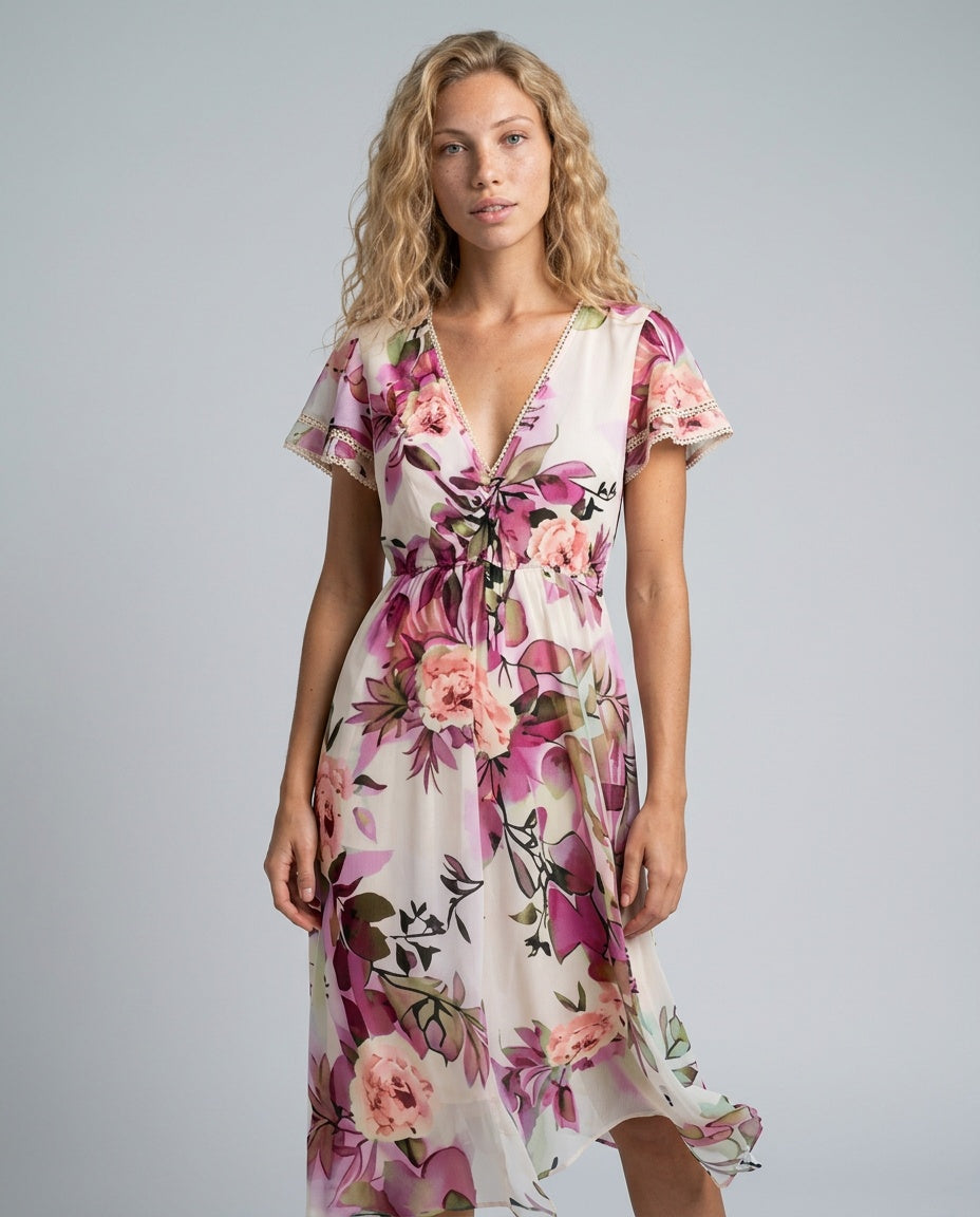 Blossom | Floral Midi with Lace-Up Deep V Neck
