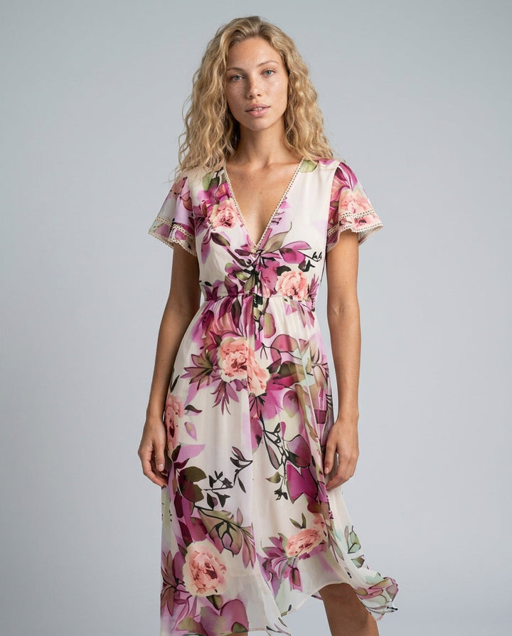 Blossom | Floral Midi with Lace-Up Deep V Neck