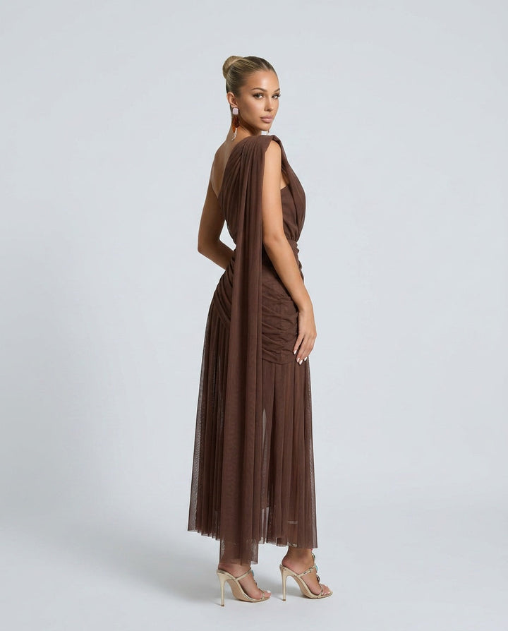 Marlowe | One-Shoulder Gathered Mesh Midi Dress