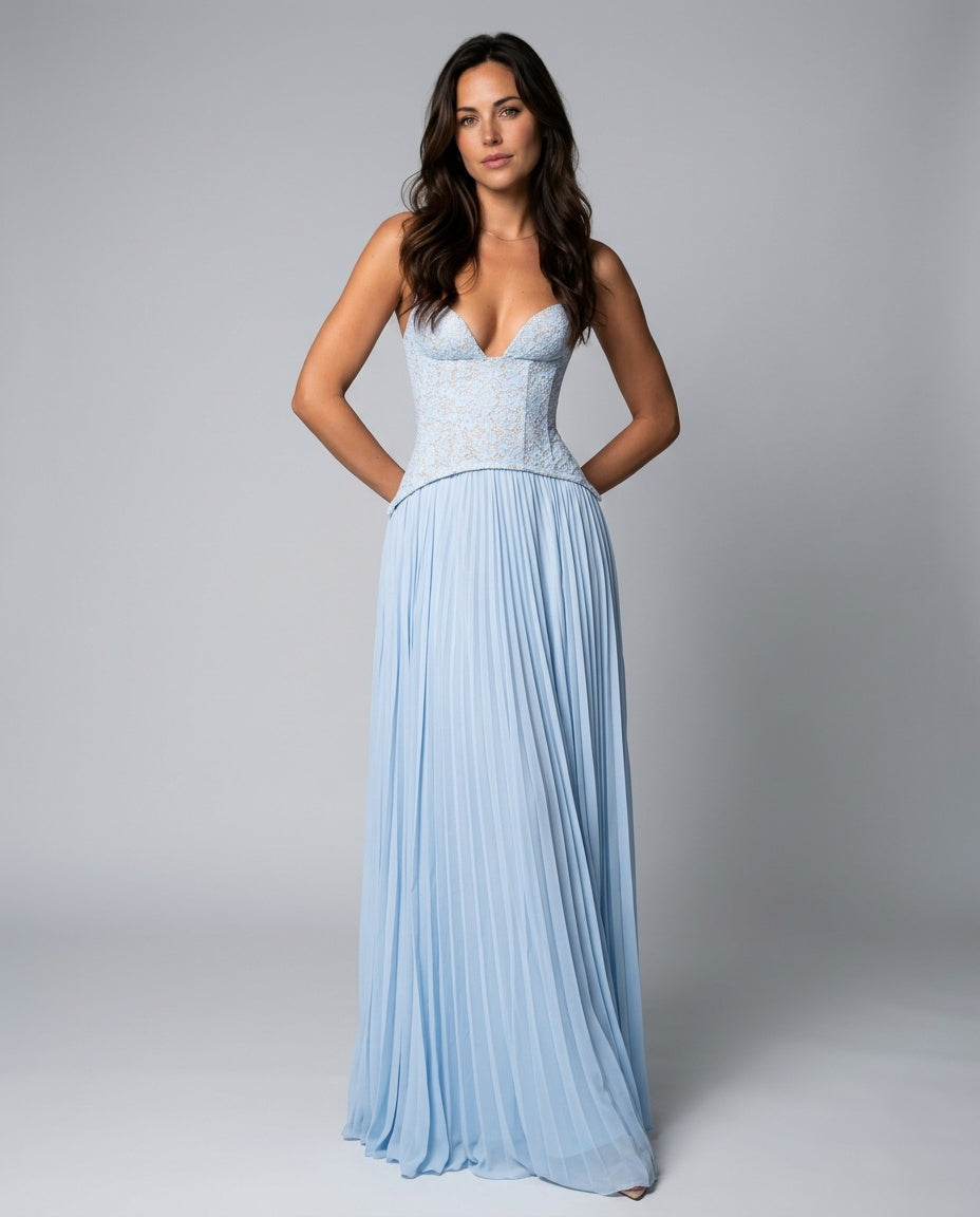 Ottilie | Sweetheart Lace Chiffon Pleated Maxi Dress
