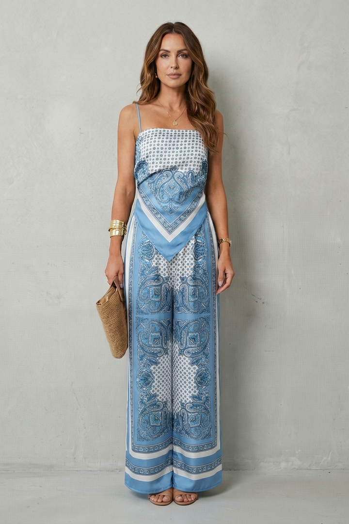 Zafloria | Ornate Print Sleeveless Wide-Leg Two-Piece Set