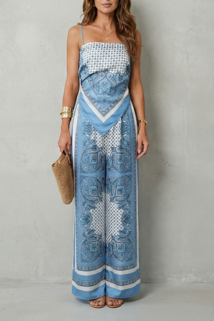 Zafloria | Ornate Print Sleeveless Wide-Leg Two-Piece Set