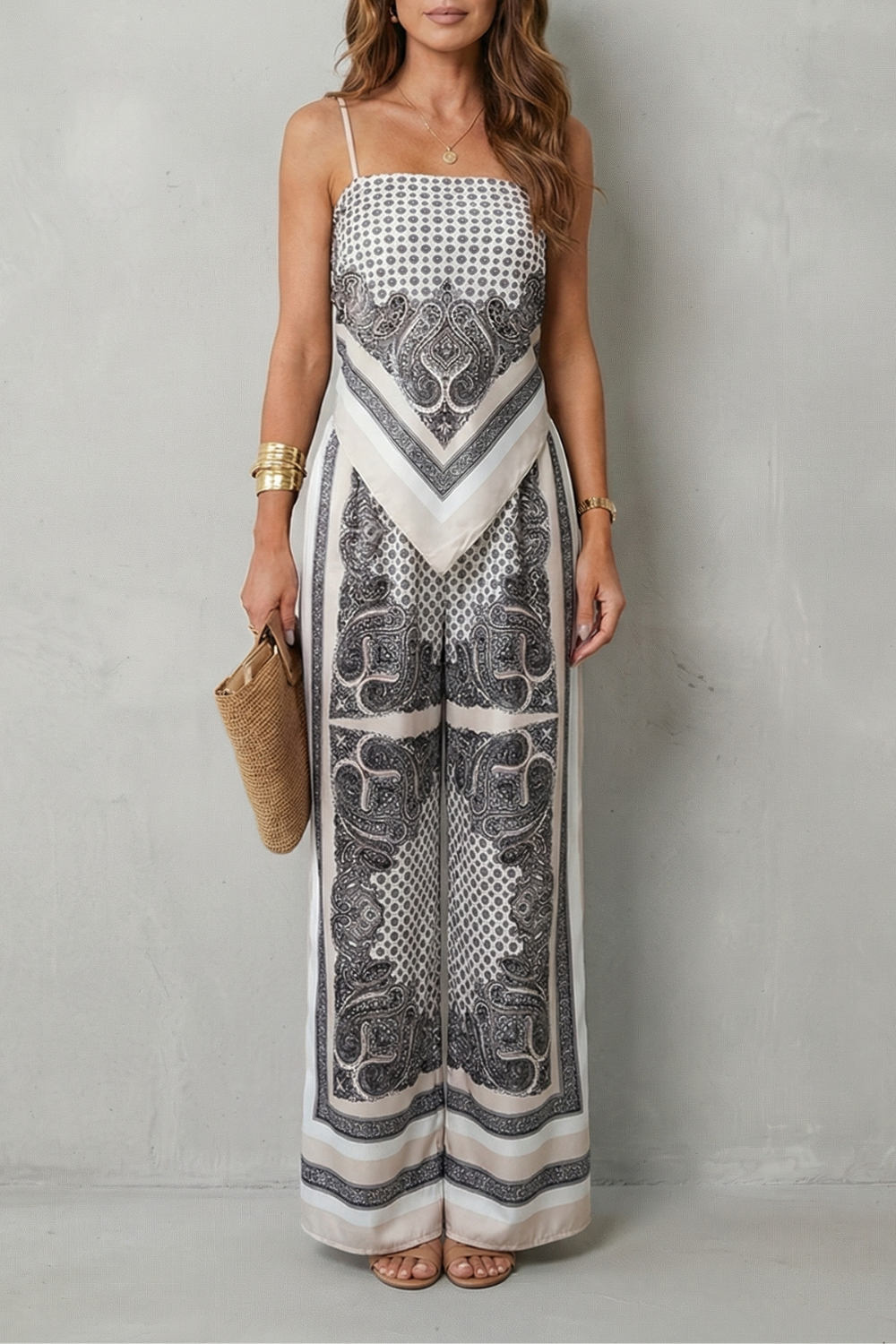 Zafloria | Ornate Print Sleeveless Wide-Leg Two-Piece Set