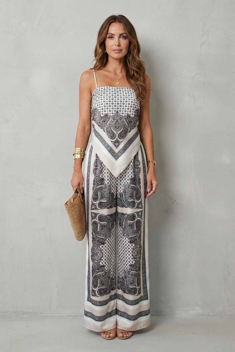 Zafloria | Ornate Print Sleeveless Wide-Leg Two-Piece Set
