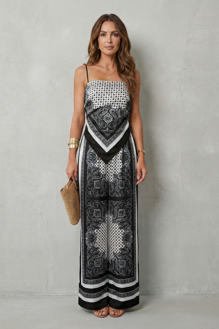 Zafloria | Ornate Print Sleeveless Wide-Leg Two-Piece Set