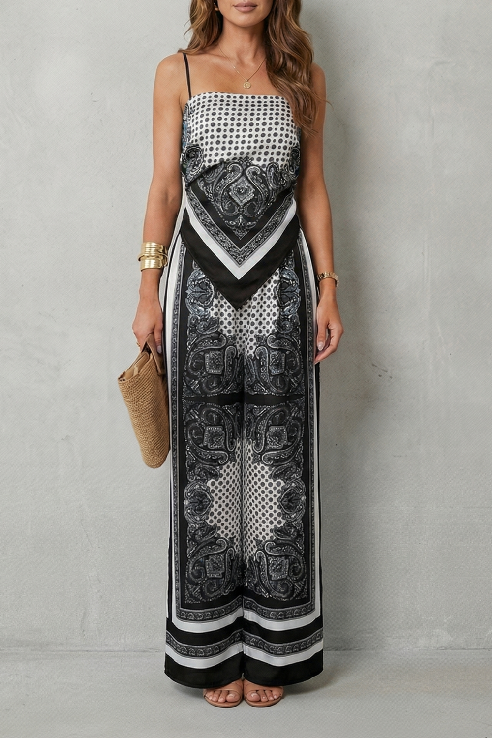 Zafloria | Ornate Print Sleeveless Wide-Leg Two-Piece Set