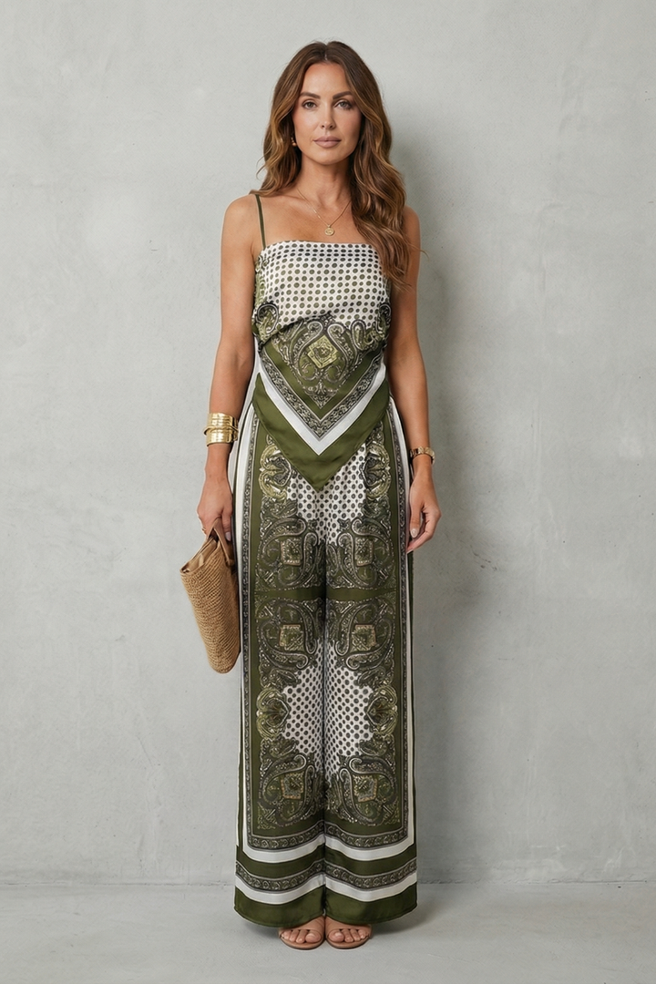 Zafloria | Ornate Print Sleeveless Wide-Leg Two-Piece Set