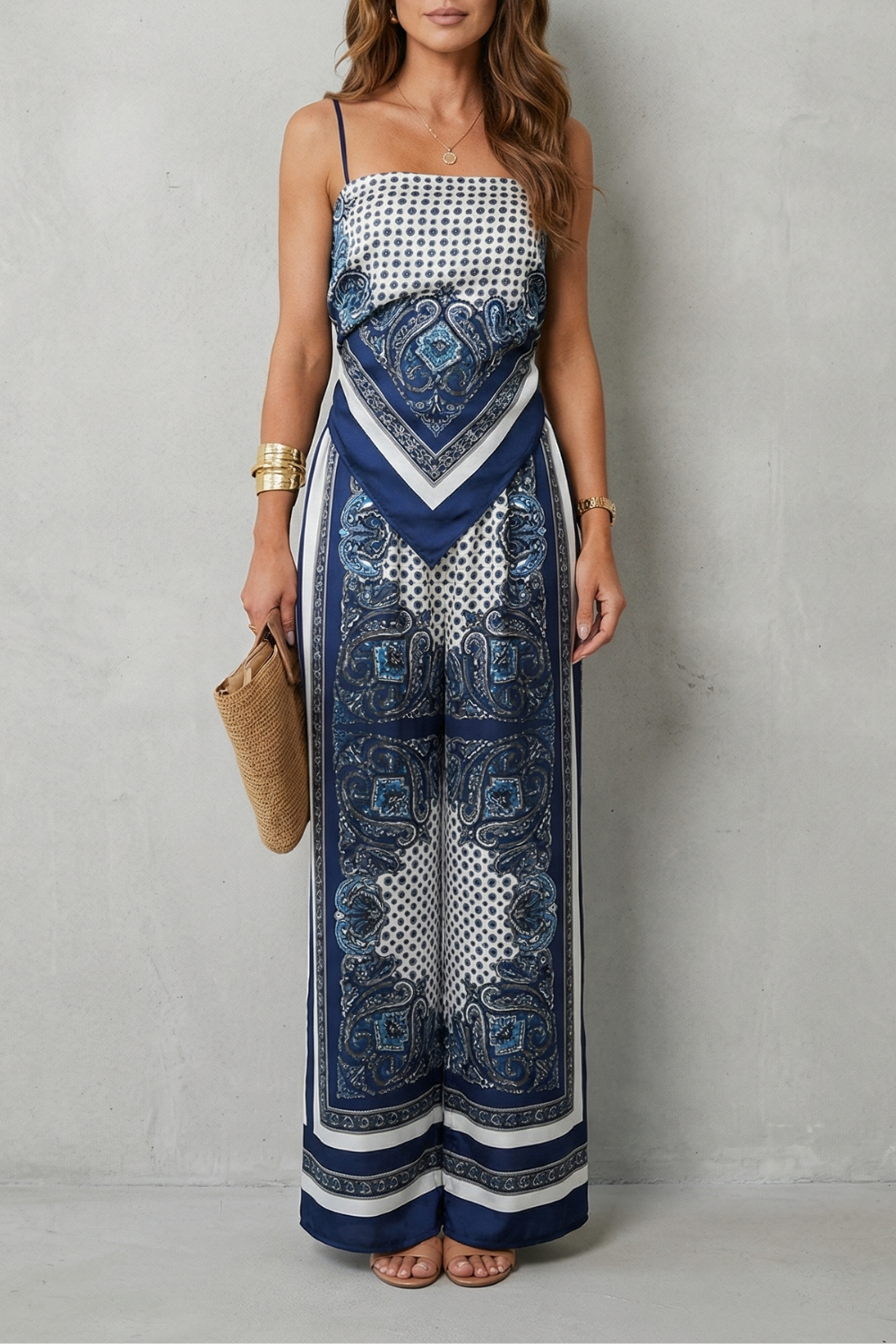 Zafloria | Ornate Print Sleeveless Wide-Leg Two-Piece Set