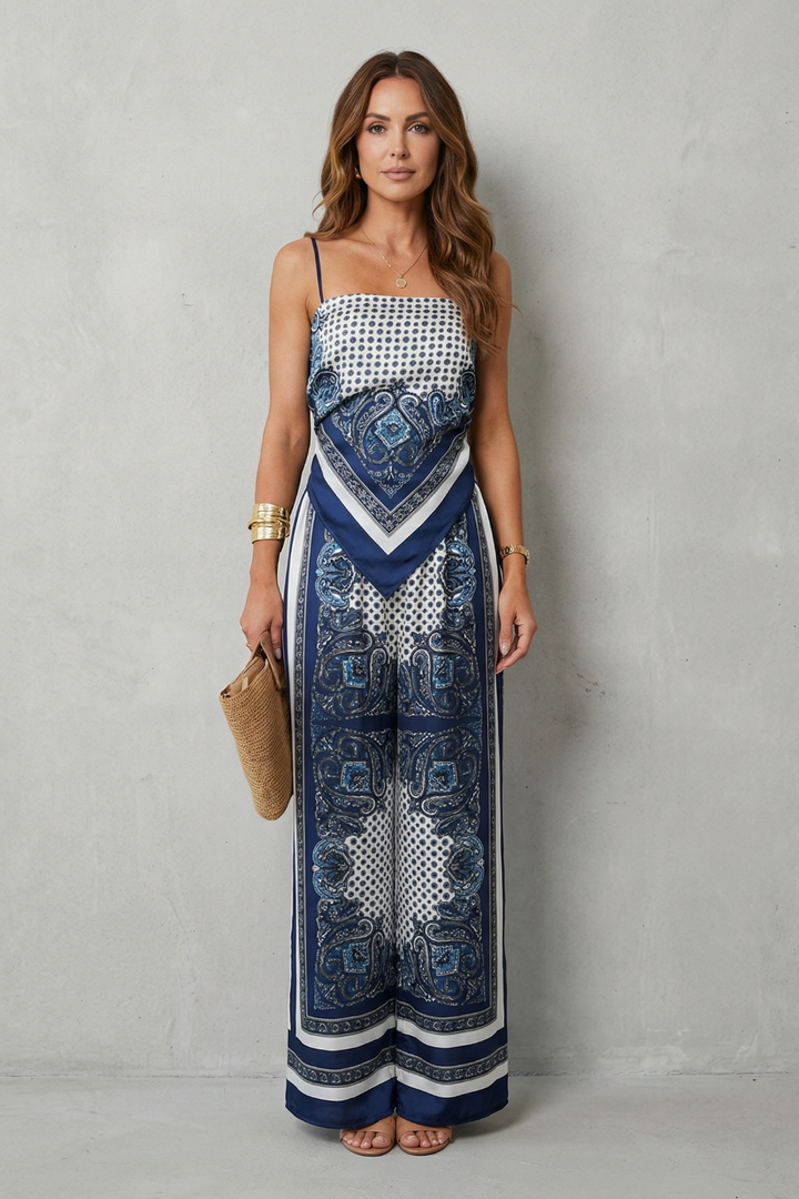 Zafloria | Ornate Print Sleeveless Wide-Leg Two-Piece Set