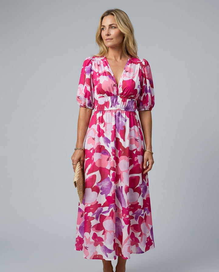 Mira | V-Neck Puff Sleeve Pleated Midi Dress