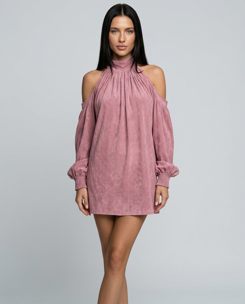 Sienna | Faux Suede Halter Mini with Lantern Sleeves