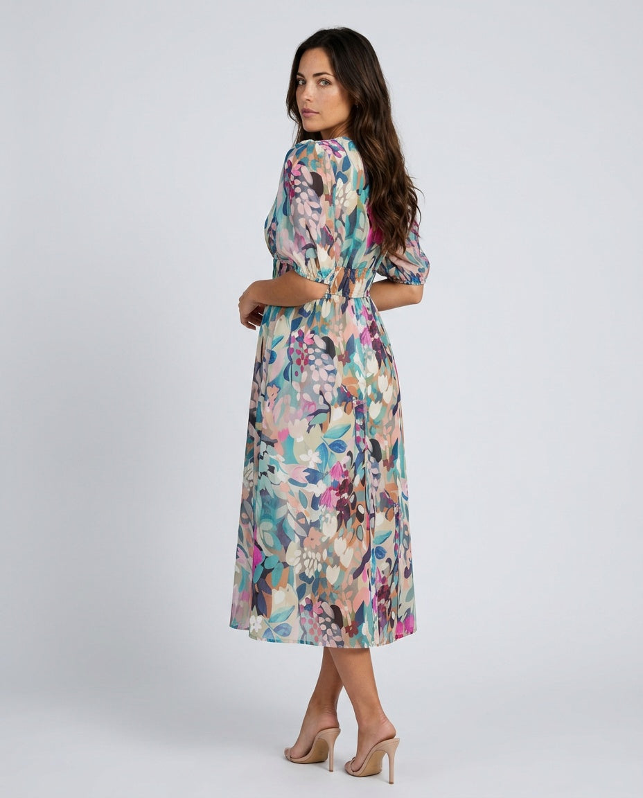 Mira | V-Neck Puff Sleeve Pleated Midi Dress