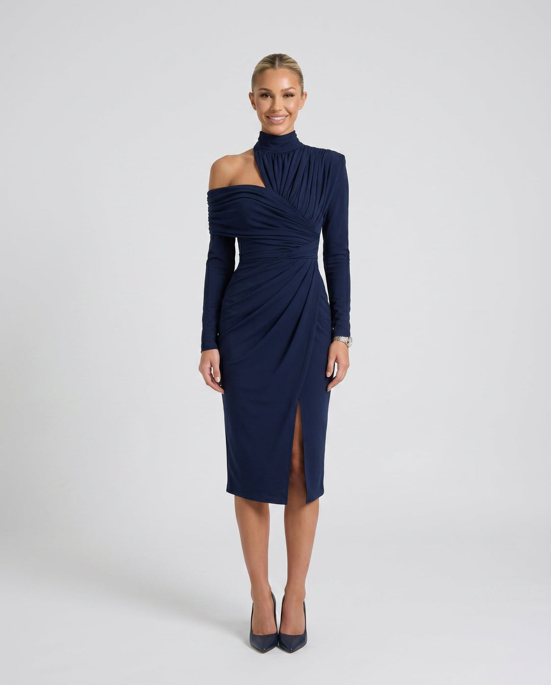 Priya | Asymmetric Neck Open Back Midi Dress