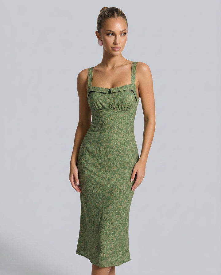 Valentina | Floral Square Neck Spaghetti Strap Midi Dress