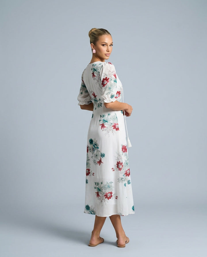 Mira | V-Neck Tassel-Strap Puff Sleeve Midi Dress