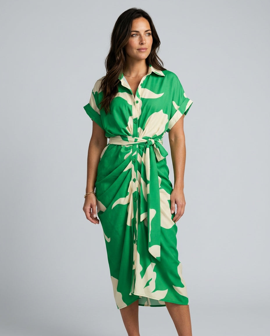 Celeste | Belted Short Sleeve Midi Shirt Dress