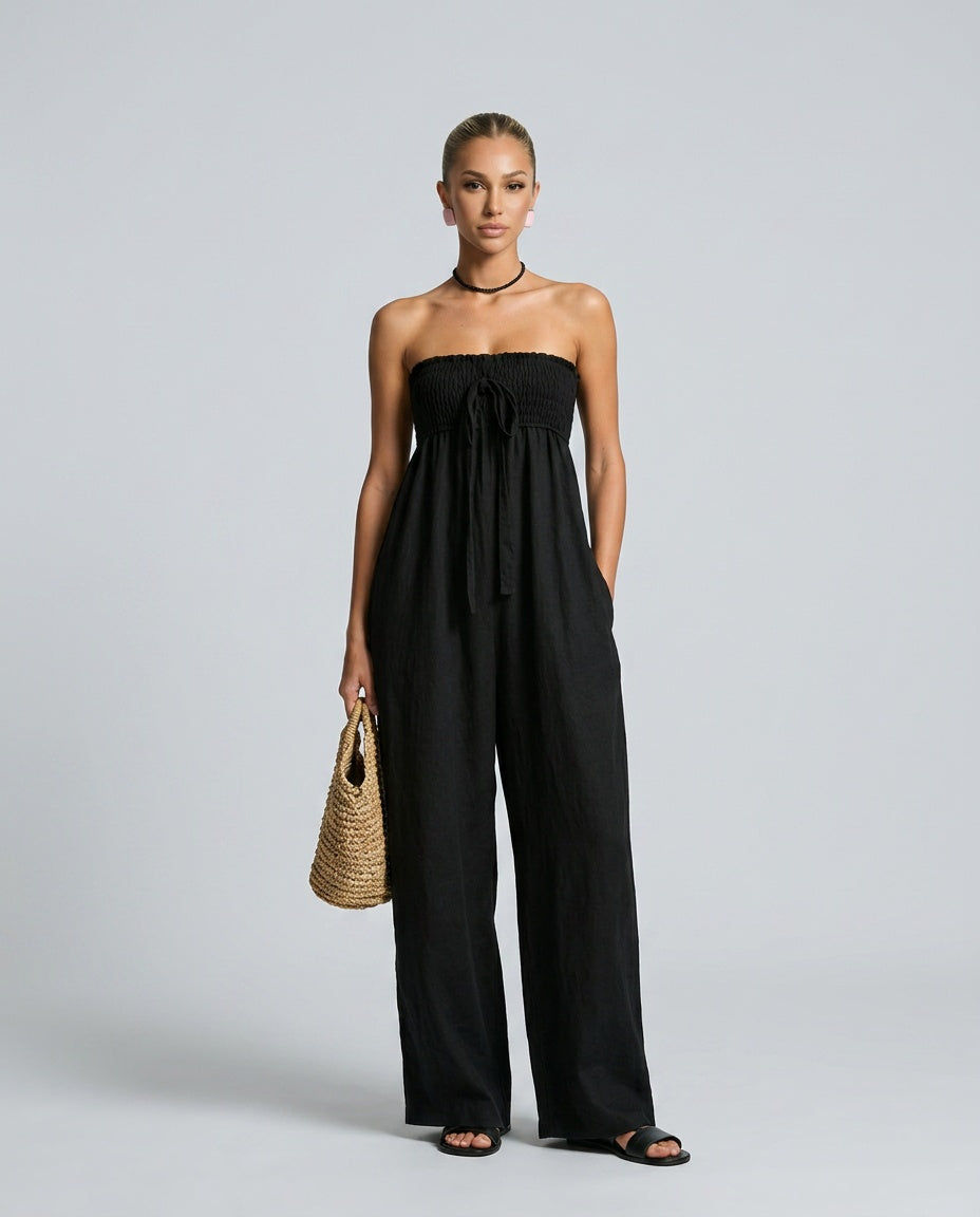Ivy | Linen Blend Strapless Jumpsuit with Tie Closure