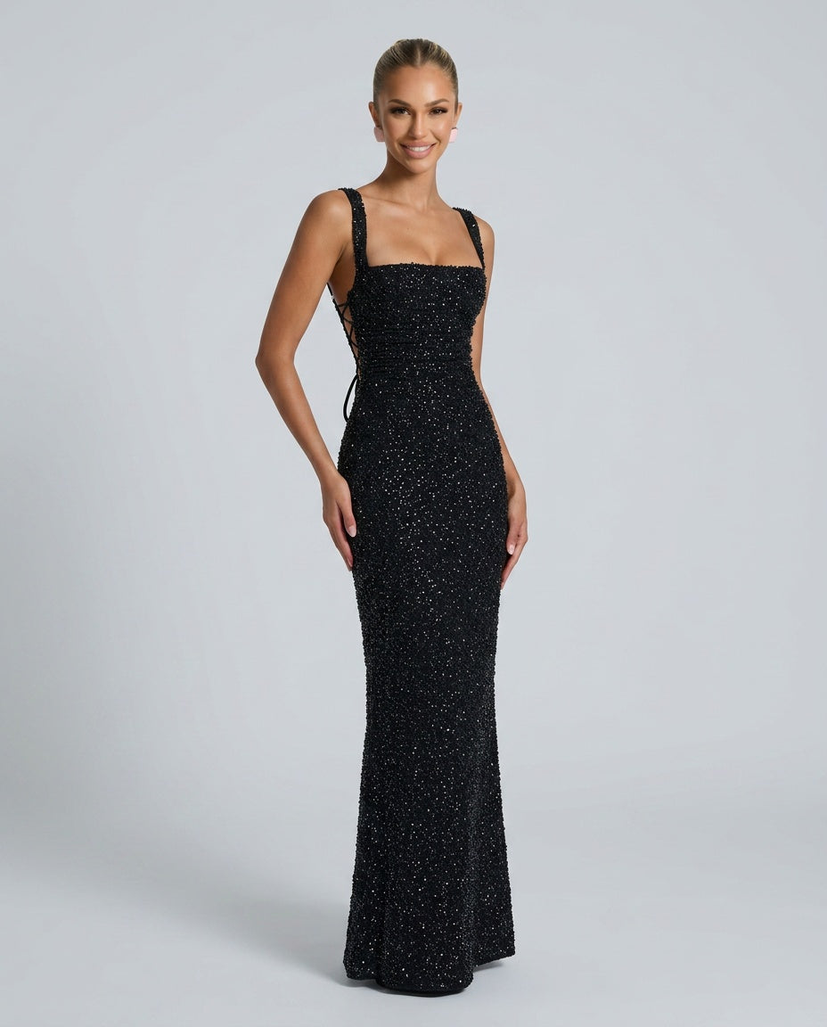 Sabine | Sequin Tie-Up Square Neck Maxi Dress