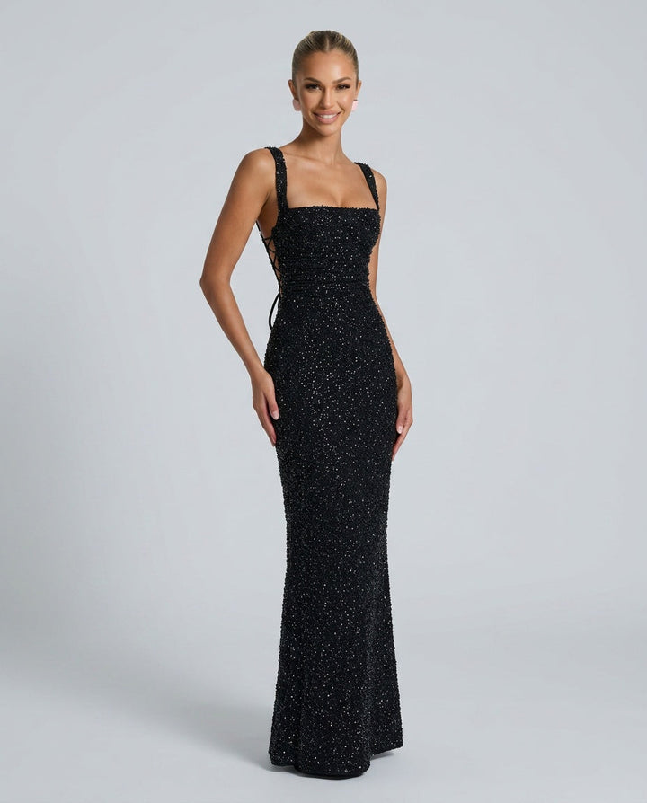 Sabine | Sequin Tie-Up Square Neck Maxi Dress