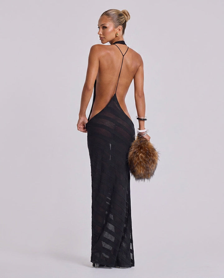 Fleur | Striped Backless Mesh Maxi Dress