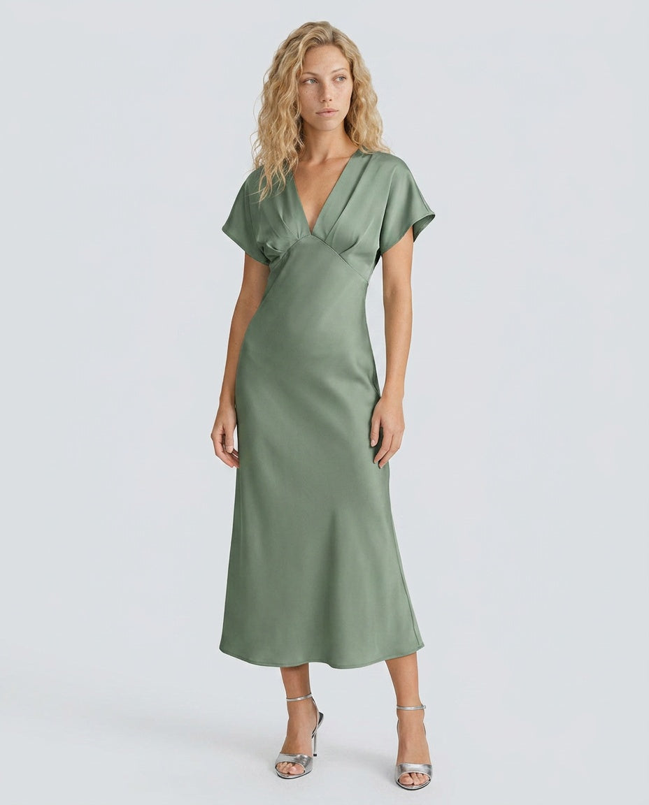 Una | V-Neck Satin-Look A-Line Midi Dress