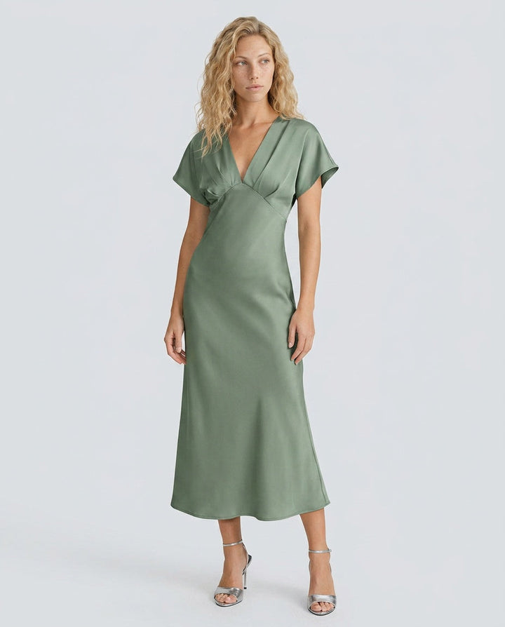 Una | V-Neck Satin-Look A-Line Midi Dress