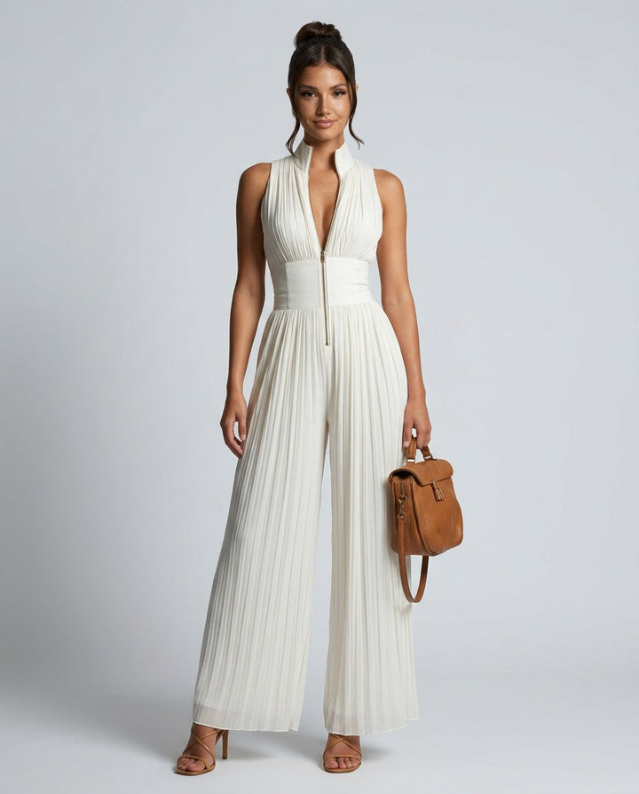 Celara | Pleated Wide-Leg Chiffon Jumpsuit
