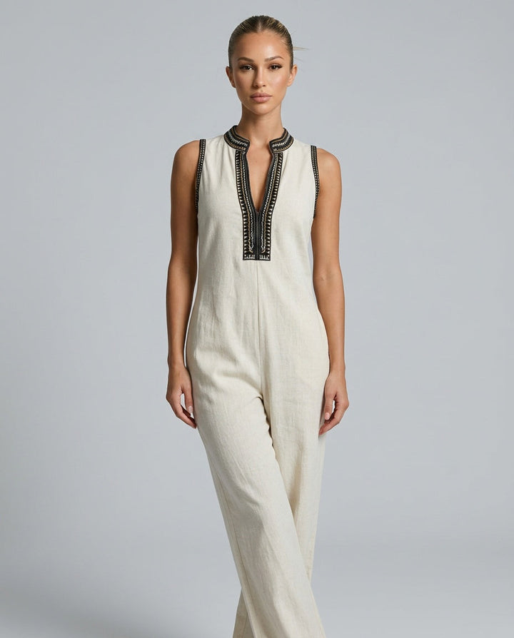 Harlow | Linen Blend Sleeveless Jumpsuit With Embroidery