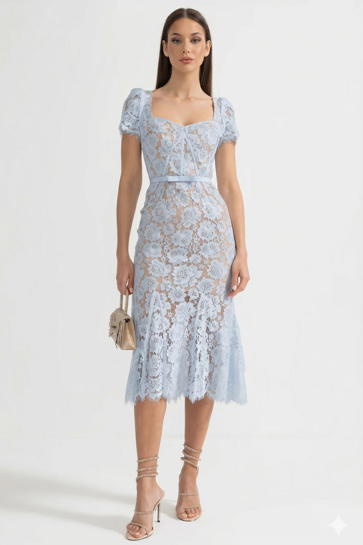 Sienna | Short Sleeve Lace Belted Midi Dress