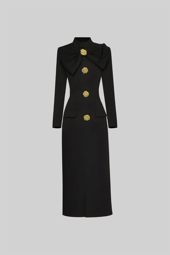 Lena | Bow-Collar Long-Sleeve Midi Dress