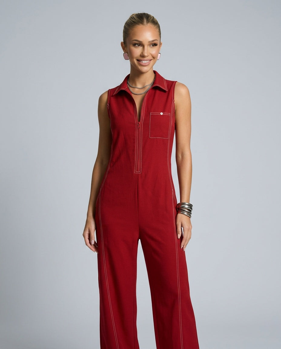 Evie | Loose-Fit White Trim Sleeveless Jumpsuit