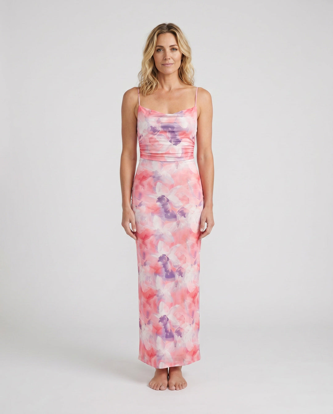 Leona | Spaghetti Strap Lace-Up Abstract Print Maxi Dress