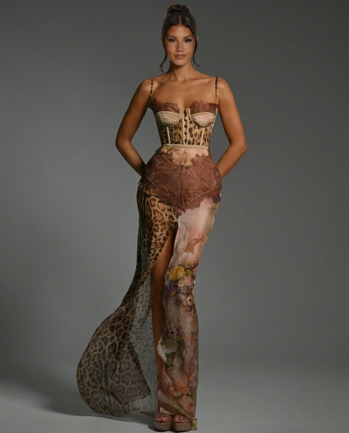 Soraya | Lace-Trim Leopard Print Side Slit Maxi Dress