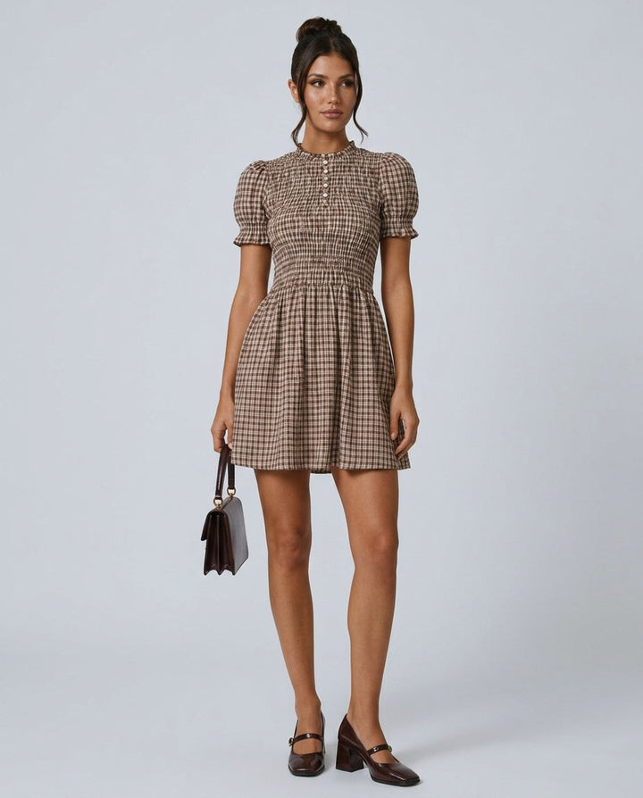 Cleo | Gingham Puffed Sleeve Mini Dress