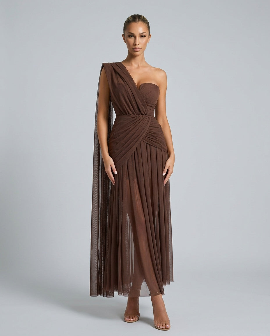Marlowe | One-Shoulder Gathered Mesh Midi Dress