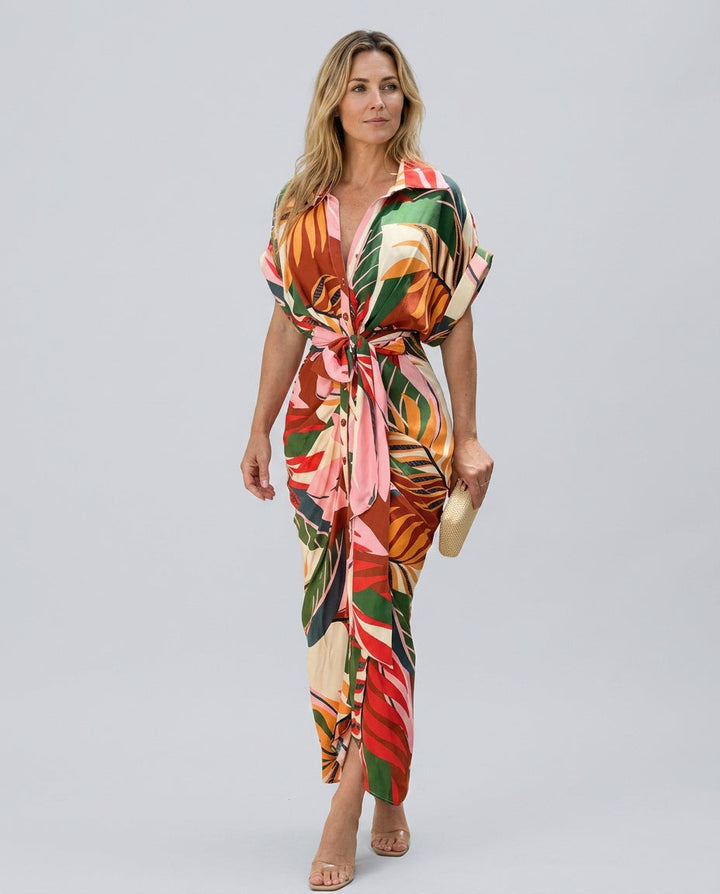 Celeste | Belted Short Sleeve Midi Shirt Dress