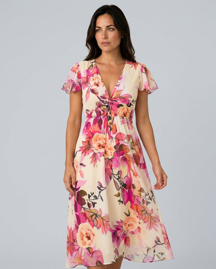 Blossom | Floral Midi with Lace-Up Deep V Neck