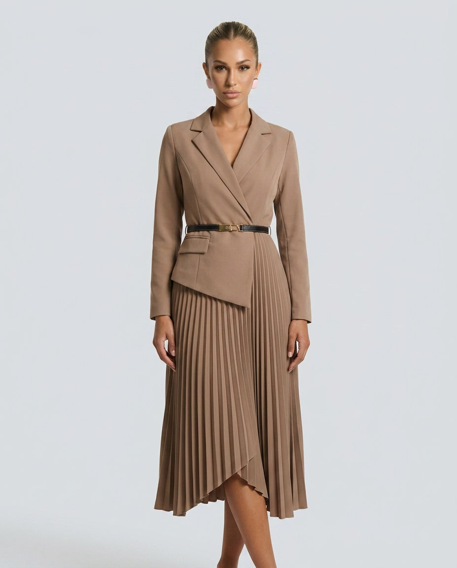 Cleona | Pleated Skirt Blazer-Style Midi Dress
